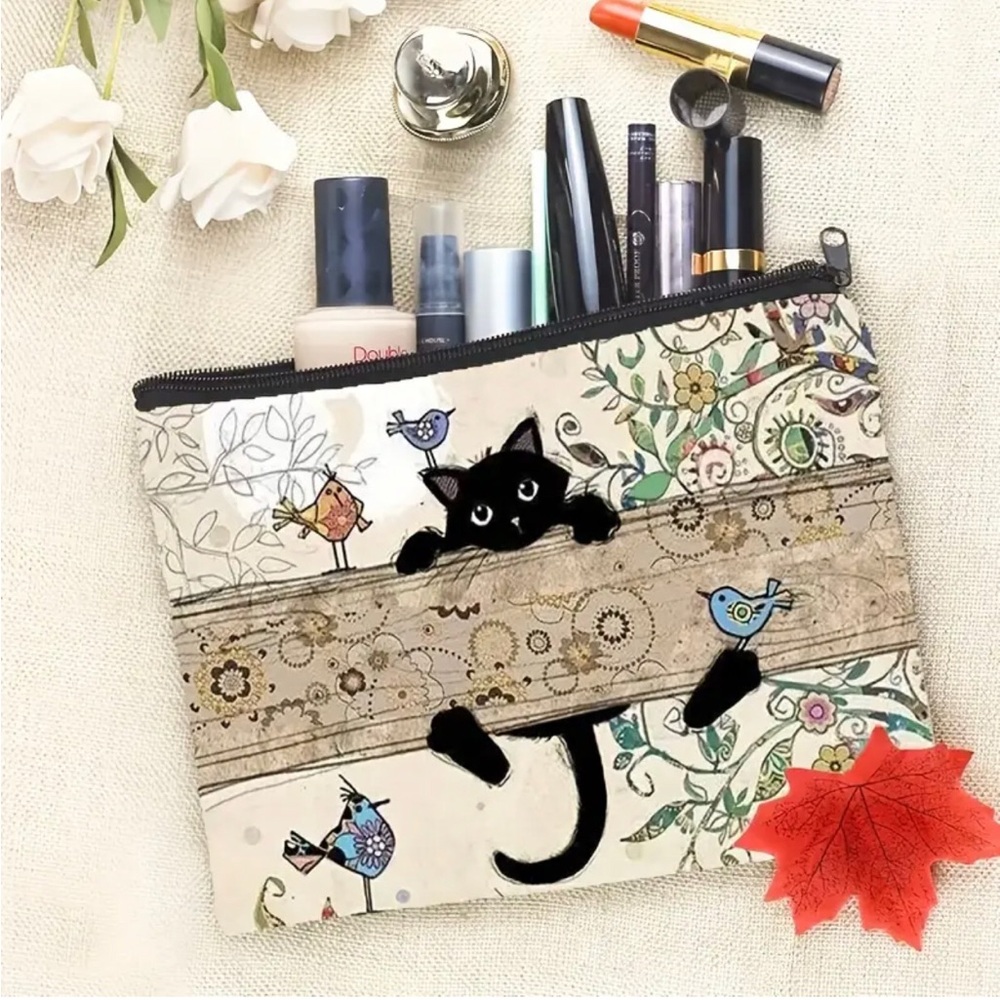 “Hang In There” Black Cat Cosmetic Bag, Lg
